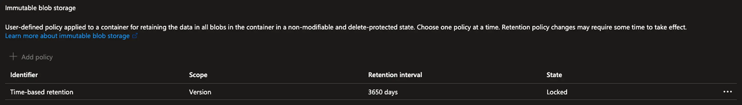 Azure Immutable Blob Storage mit gesperrter Time-Based Retention Policy