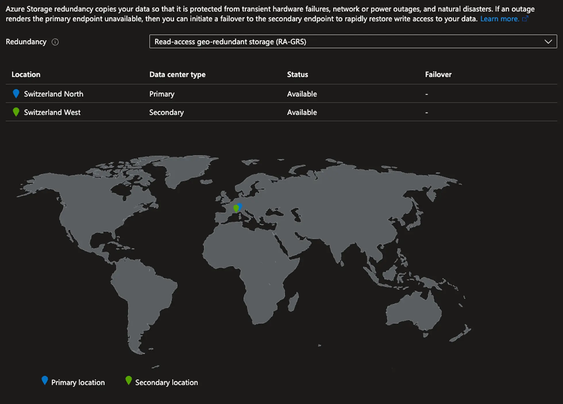 Azure RA-GRS Konfiguration mit Primär- und Sekundärstandort in der Schweiz