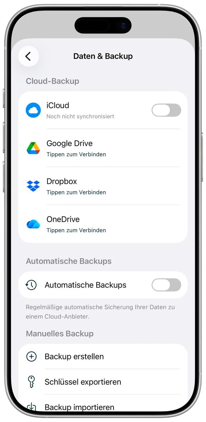 Datensicherungs-Einstellungen in der Xevono-App: Cloud-Ziel wählen, Backup erstellen, Schlüssel verwalten