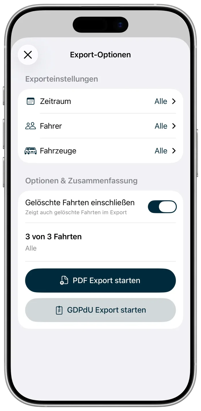 Export-Funktion in der Xevono-App: PDF und GDPdU/IDEA für die Weitergabe an die Steuerkanzlei