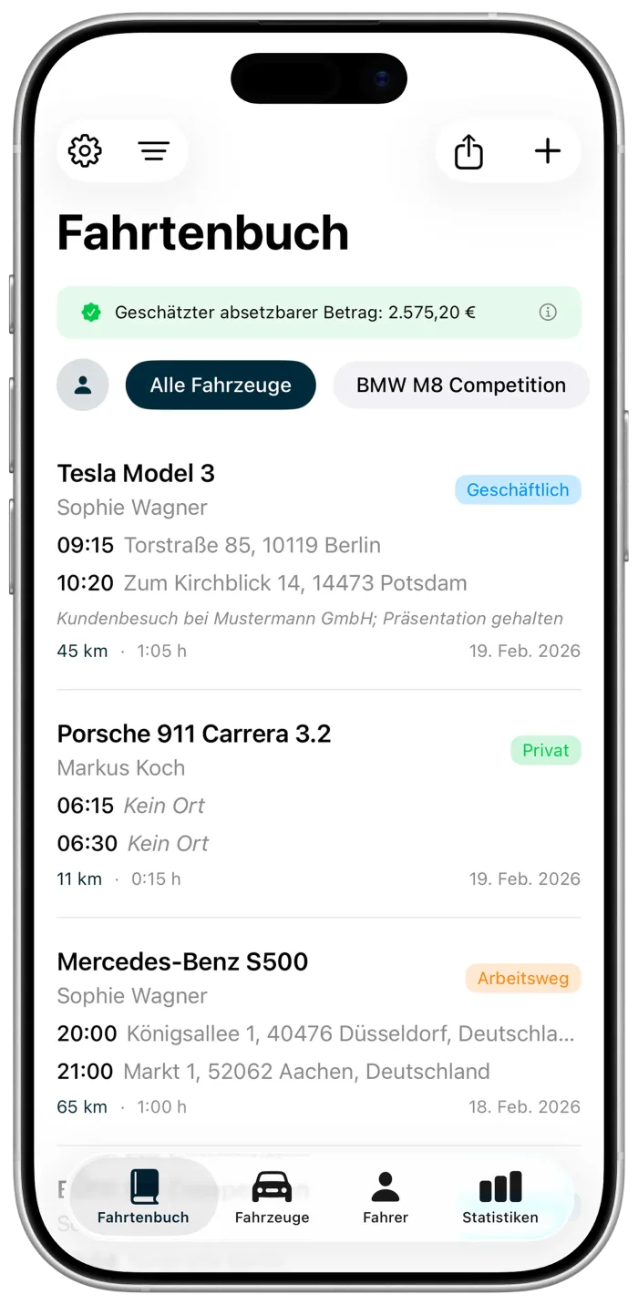 Fahrtenbuch-Ansicht in der Xevono-App mit chronologisch erfassten Fahrten