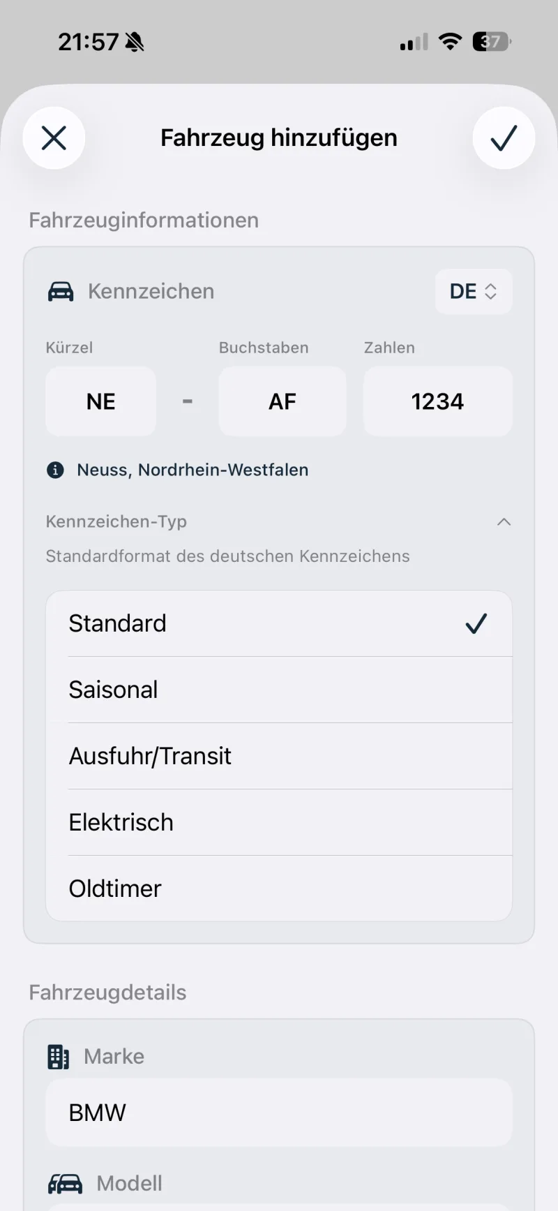 Auswahl des Kennzeichen-Typs in Xevono: Standard, Saisonal, Ausfuhr/Transit, Elektrisch, Oldtimer