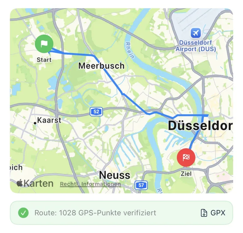 Xevono-App: Kartenansicht einer Fahrt mit Start- und Zielmarker und der Bestätigung 1028 GPS-Punkte verifiziert