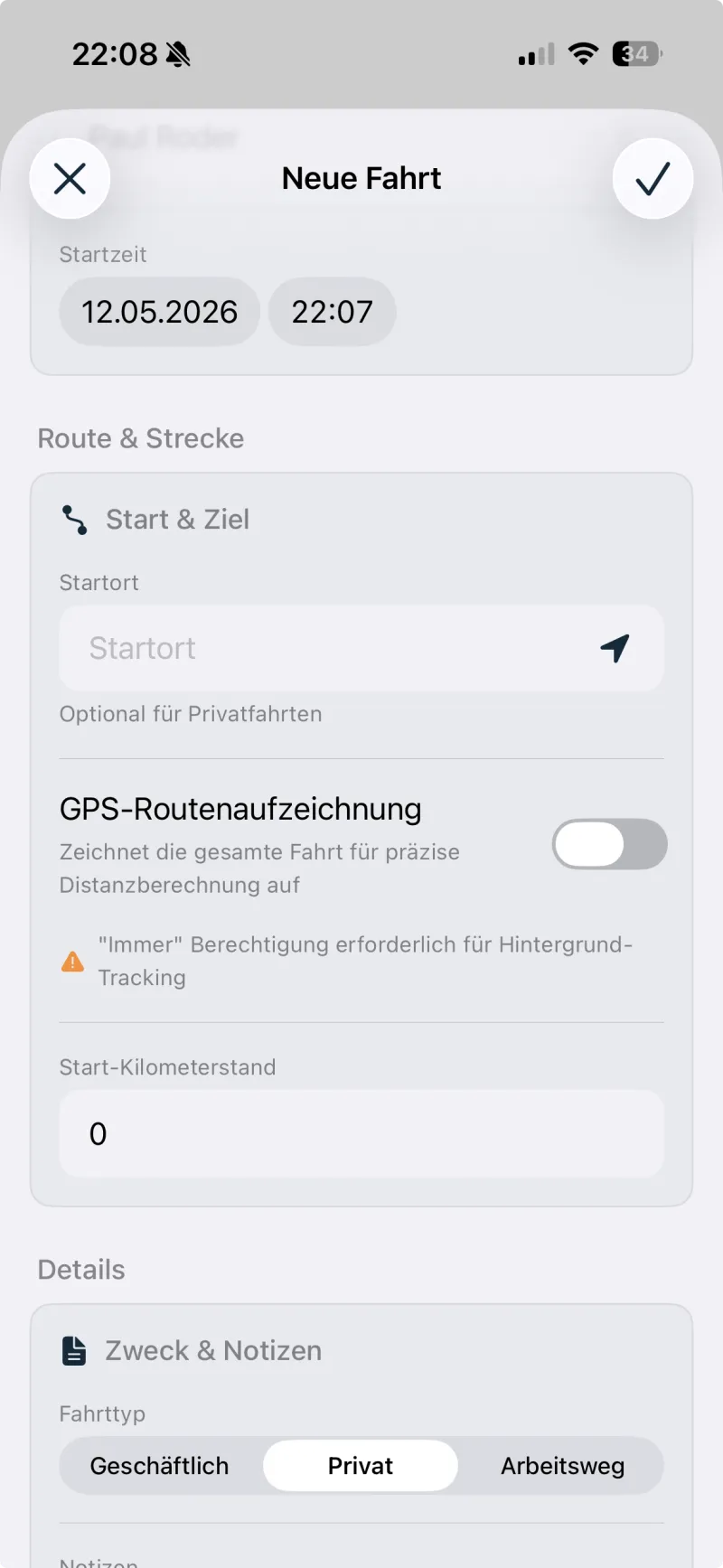 Xevono-Bildschirm „Neue Fahrt