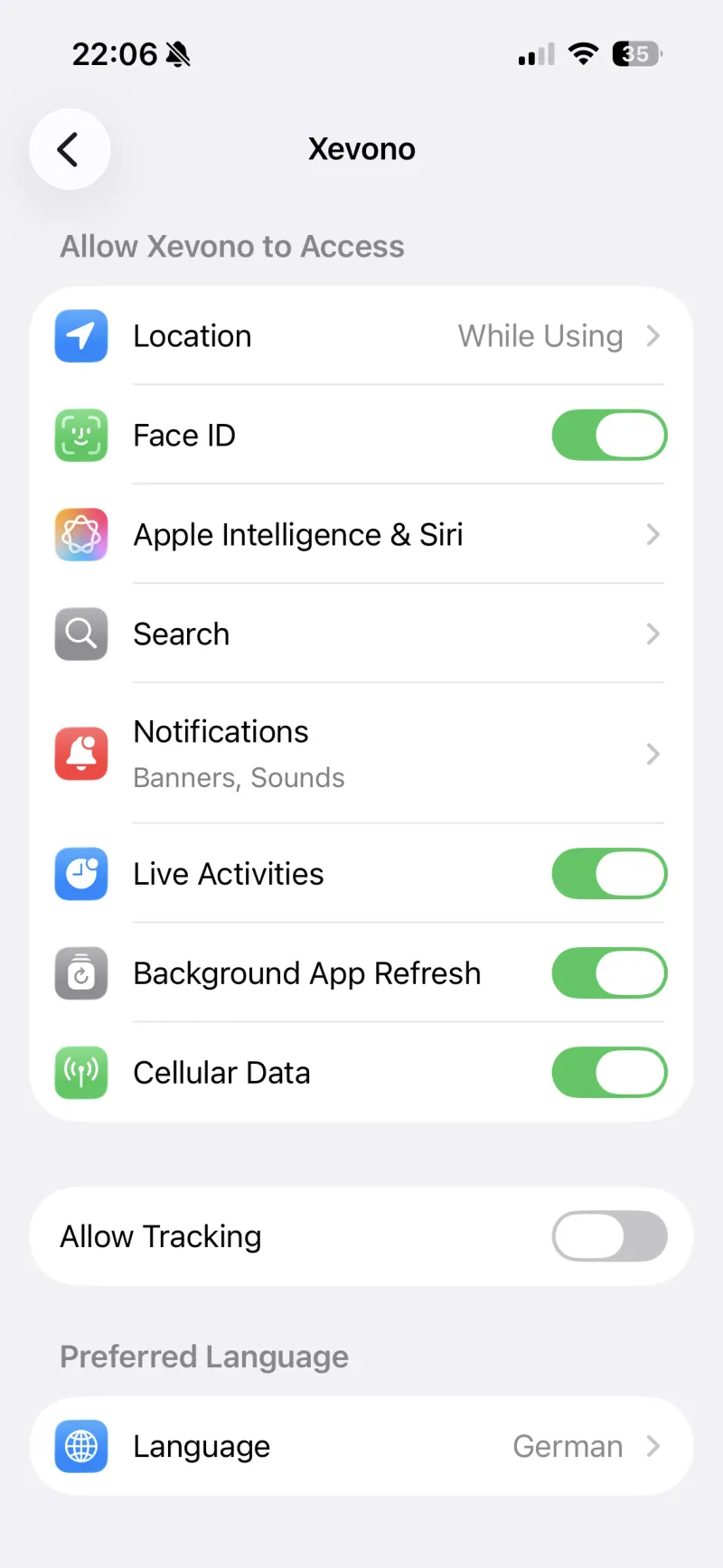 iOS-Einstellungsseite der App Xevono mit dem Eintrag „Standort: Beim Verwenden