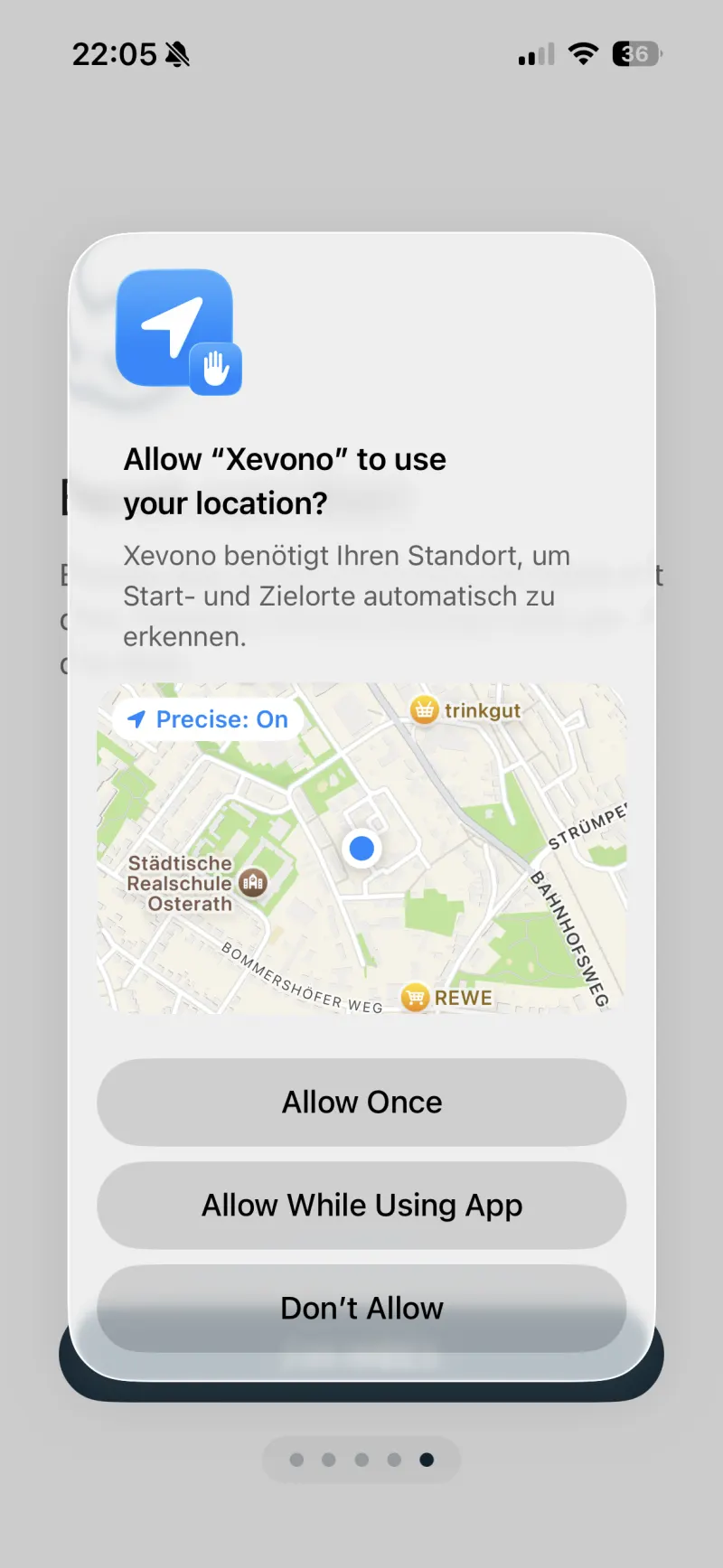 iOS-Standortdialog für Xevono mit Hinweis „Precise: On