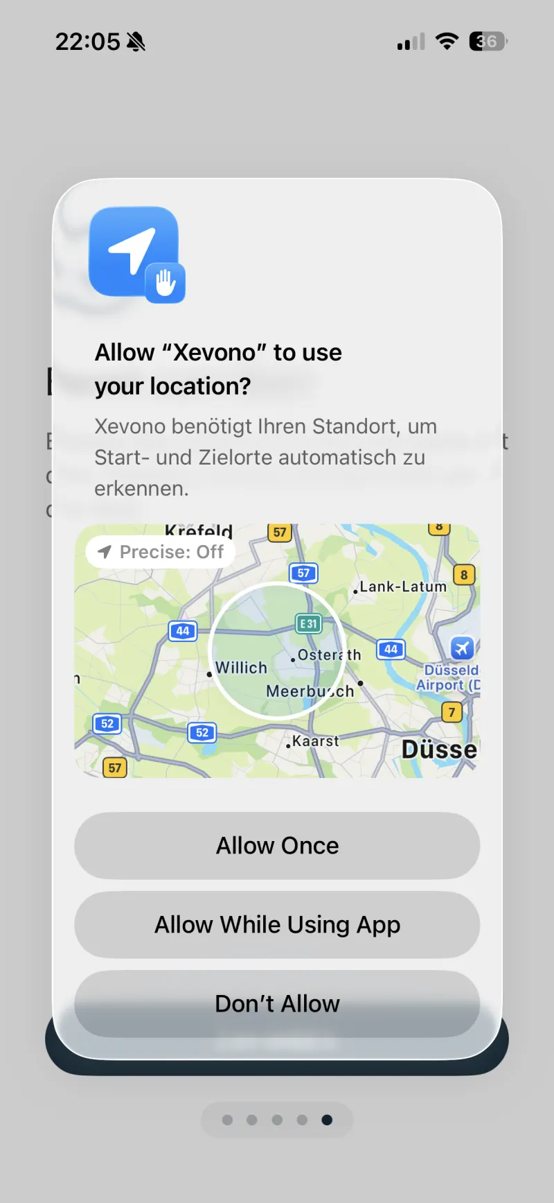 iOS-Standortdialog für Xevono mit Hinweis „Precise: Off