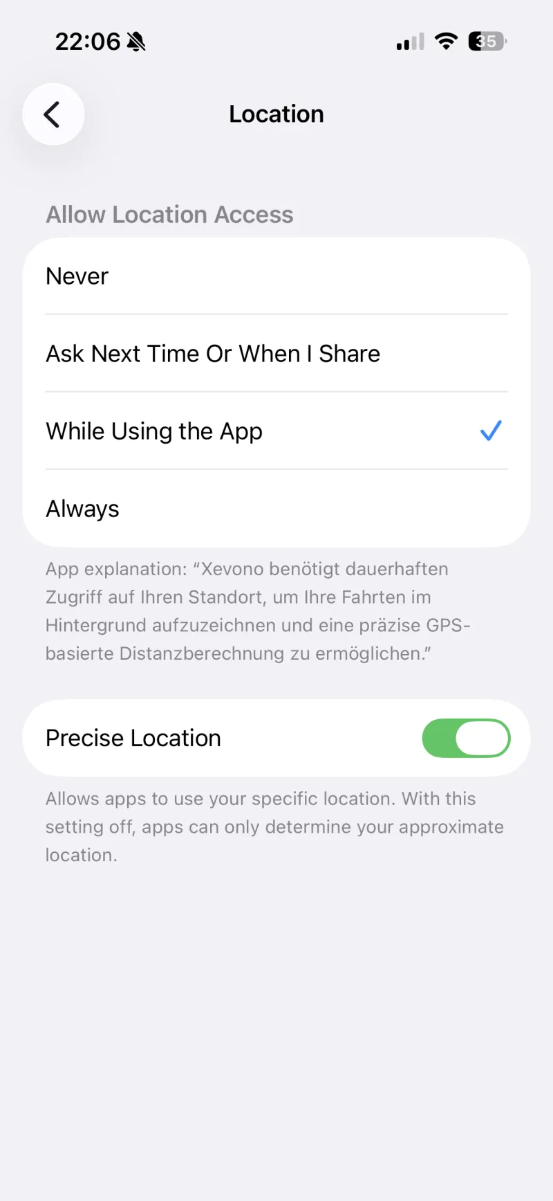 iOS-Standorteinstellungen für Xevono: Auswahl „Immer